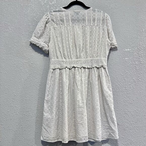 J. Crew Women Puff Sleeve Lace Eyelet Mini Dress Ivory Size 12 Fit Flare Lined - Picture 2 of 9